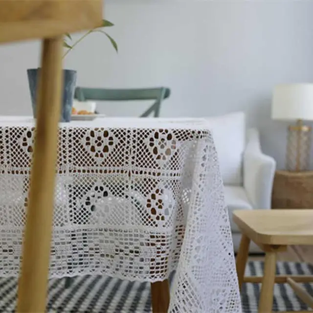 Retro Pastoral Cotton Thread Crocheted Tablecloth Hollow Tablecloth Tea Table Cloth Bedside White - Shop at LoveMi