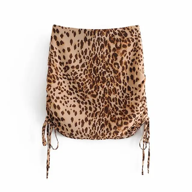 High Waist Drawstring Bow Tie Leopard Print Bag Hip Skirt Brown - Shop at LoveMi