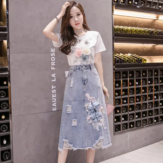 Real Shot Ins Denim Skirt Nail Bead Three Dimensional Flower Decoration Beauty Korean Leisure Elegant Skirt Women''s Fashion Photo Color - Shop at LoveMi