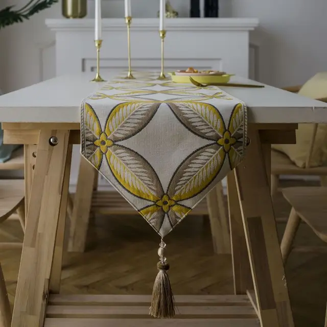 Table Runner Modern Leaf Geometric Copper Flora Jacquard Party Long Table Cover Fabric Simple Home Warm Decoration - Shop at LoveMi