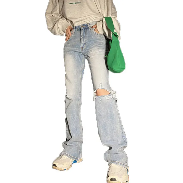 High Waist Slimming Senim Ripped Pants Korean Style Loose Straight Leg Wide leg Jeans Women Blue - Shop at LoveMi