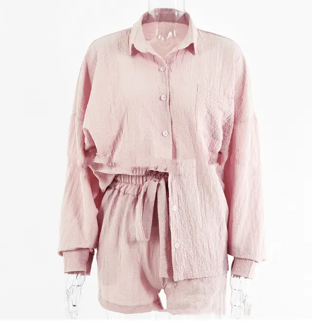 Single breasted Cardigan Loose Top High Waist Shorts Two Piece Set Pink - Shop at LoveMi