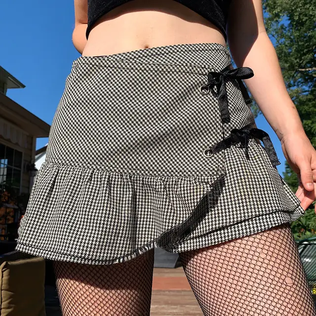 Women'S Short Skirt Sexy Houndstooth Lace Lace Stitching All Match Skirt Black And White - Shop at LoveMi