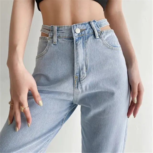 Korean Women's Hollow waist Jeans Women's Casual Loose Straight Wide leg Trousers Mopping Pants Light Blue - Shop at LoveMi