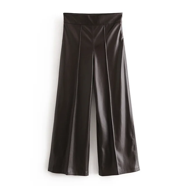 Fashion Women's Solid Color PU Elastic High Waist Wide Leg Pants Brown - Shop at LoveMi
