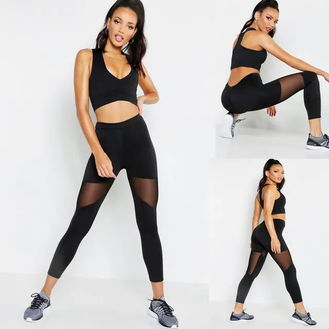 Mesh Stitching LeggingsSports Nine Point Yoga Women's Pants Black - Shop at LoveMi