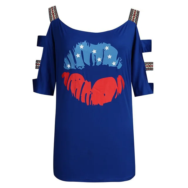 European And American Printed T shirt Off Shoulder Sling Sleeve Top Blue - Shop at LoveMi