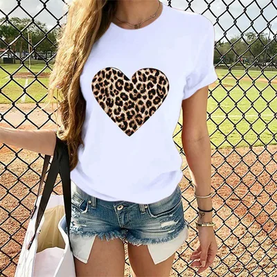 Cross border Exclusively For Hot selling Hot selling Ladies Tops Leopard Print Love Round Neck Short sleeved T shirt White - Shop at LoveMi