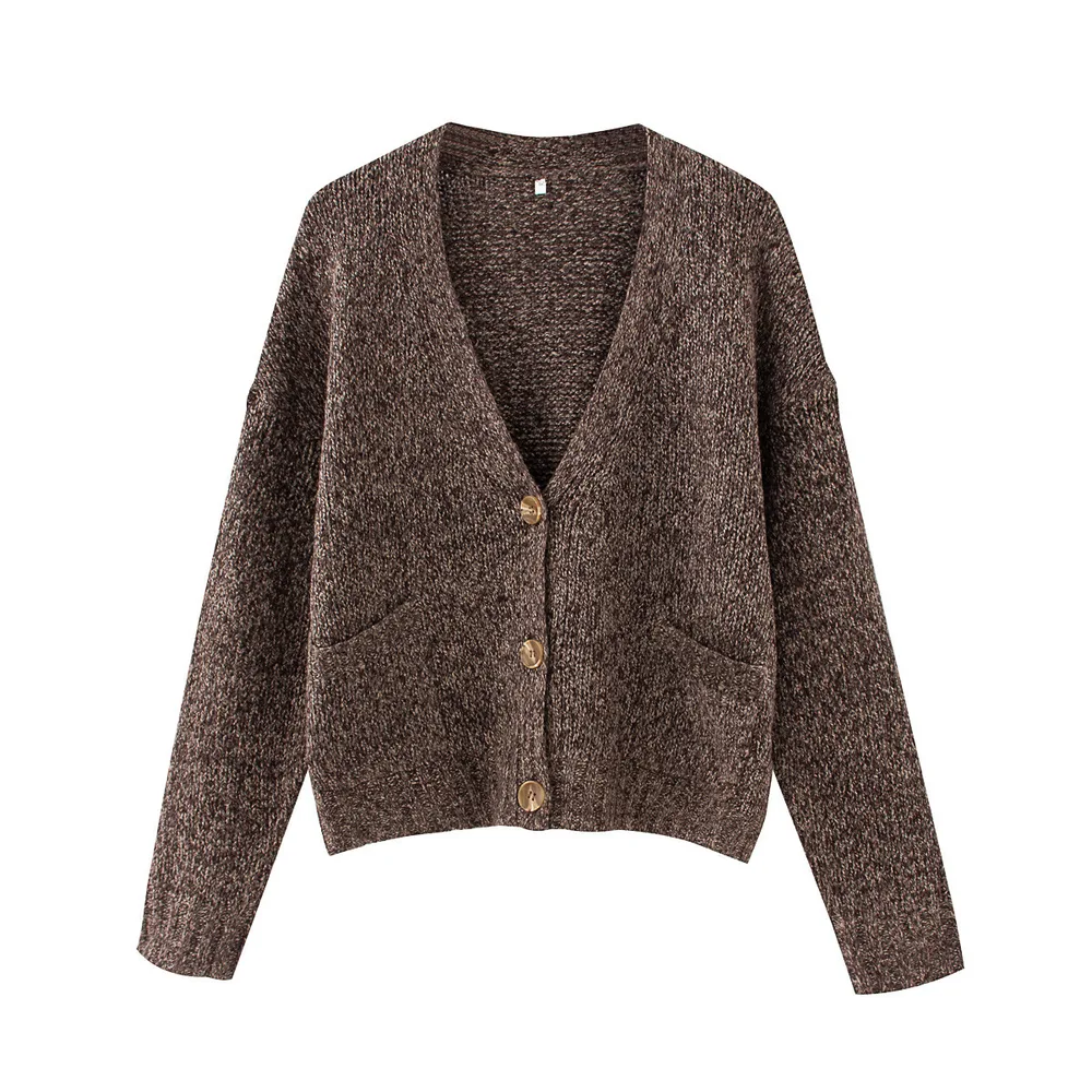 Autumn And Winter Buttoned V-neck Sweater Coat - Coffee