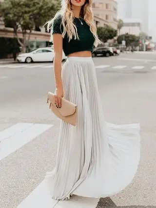 Women Fashion Casual Skirt Girls High Waist Long Skirts - Grey