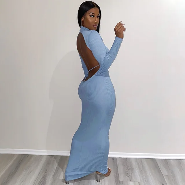 Spring And Summer New Sexy Open Back Round Neck Long Sleeve Dress Blue - Shop at LoveMi