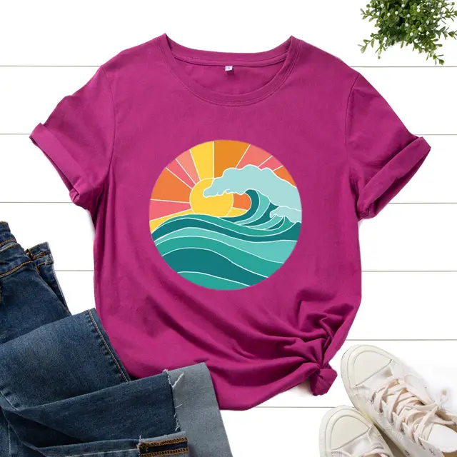 Plus Size Women's Clothing Creative Ocean Wave Pure Cotton Casual Short sleeved T shirt Wine Red - Shop at LoveMi
