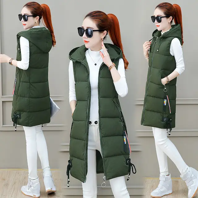 Slim Mid length Down Cotton Vest Jacket Army Green - Shop at LoveMi