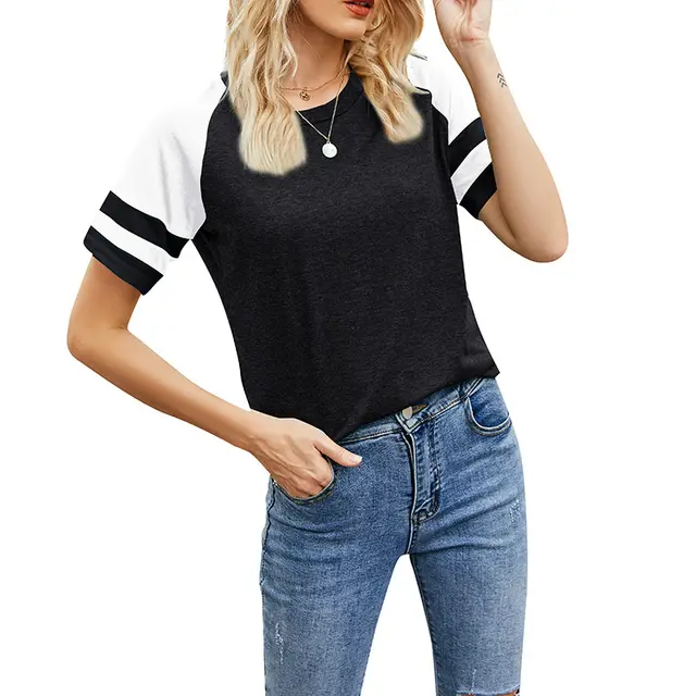 European And American Loose Women'S Short Sleeved Shirts Round Neck Color Blocking Casual Tops Sports T Shirts Black - Shop at LoveMi