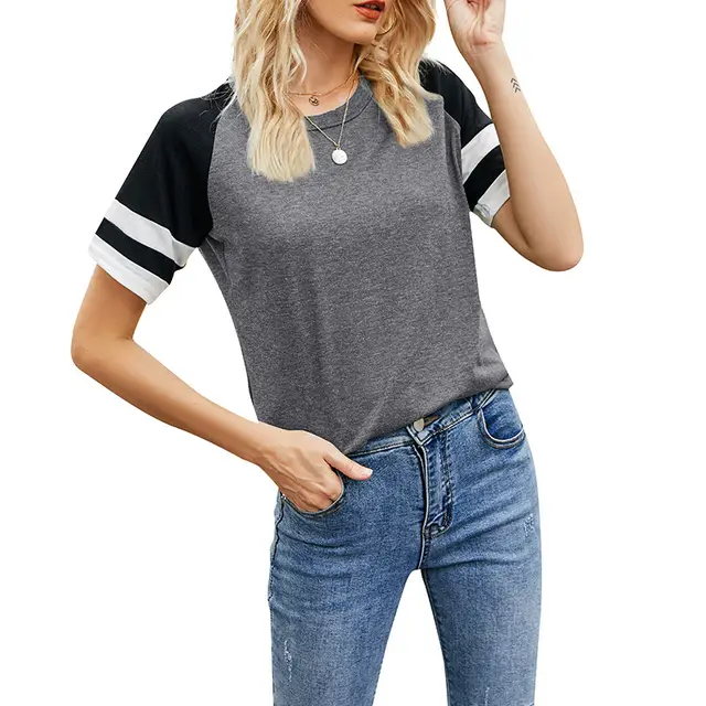 European And American Loose Women'S Short Sleeved Shirts Round Neck Color Blocking Casual Tops Sports T Shirts Gray - Shop at LoveMi