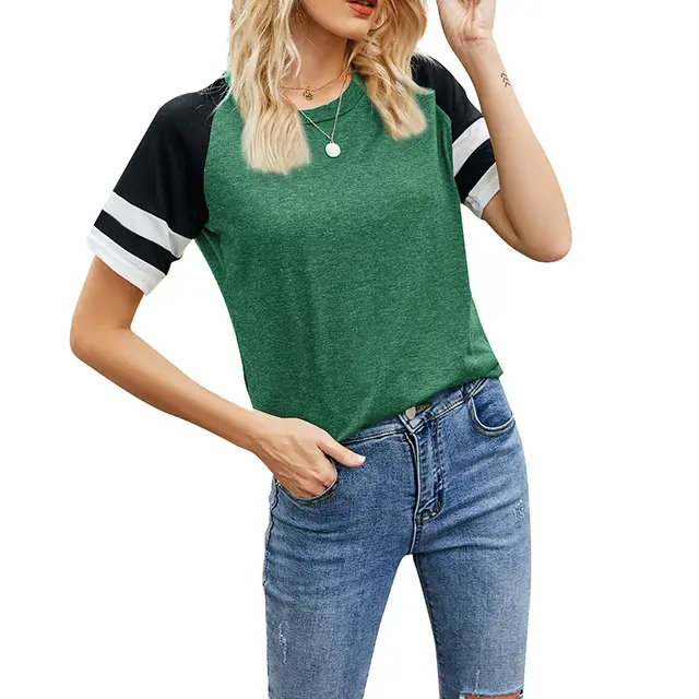 European And American Loose Women'S Short Sleeved Shirts Round Neck Color Blocking Casual Tops Sports T Shirts Green - Shop at LoveMi