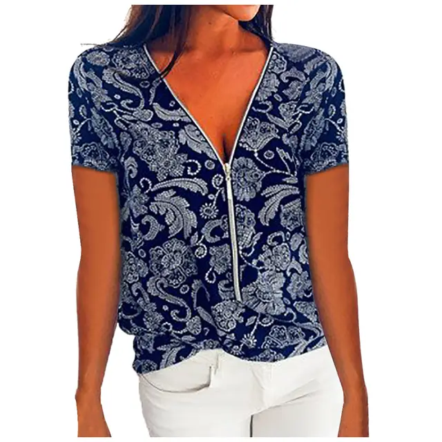 Ebayv Collar Zipper Top Print Women's Casual Short Sleeves Blue - Shop at LoveMi