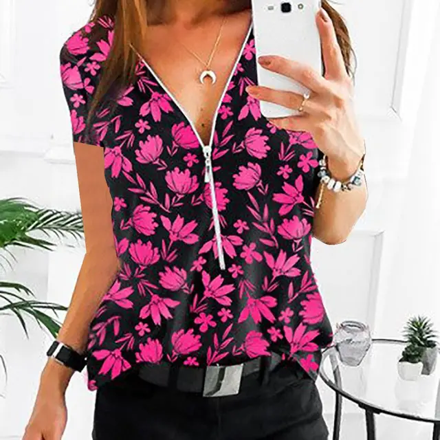 Ebayv Collar Zipper Top Print Women's Casual Short Sleeves Red - Shop at LoveMi