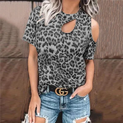 Strapless Leopard Print Hollow Sexy Short Sleeve Grey - Shop at LoveMi