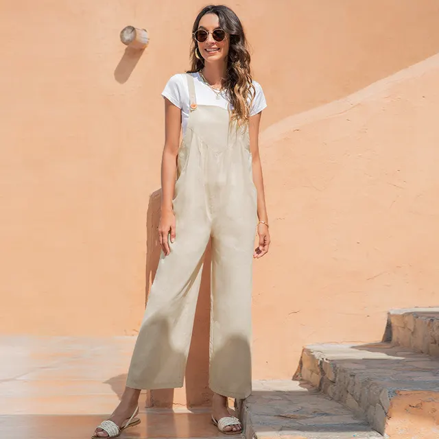 European And American Retro Casual Long Bib Pants Apricot - Shop at LoveMi