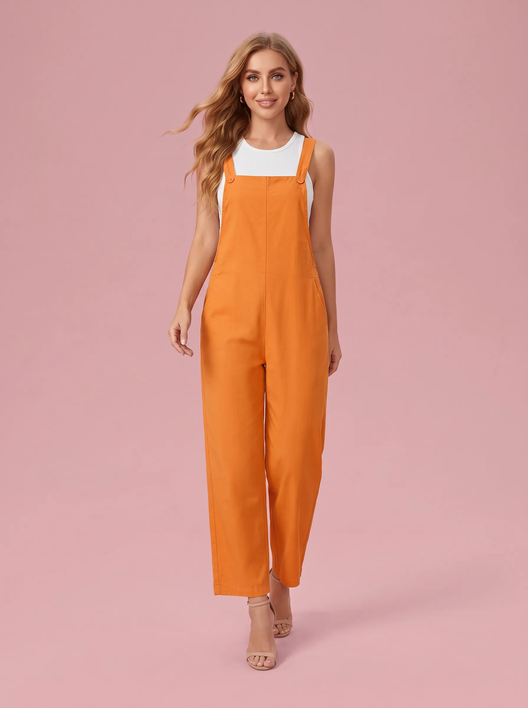Retro Straight Leg Overalls for Women - Orange - View 1