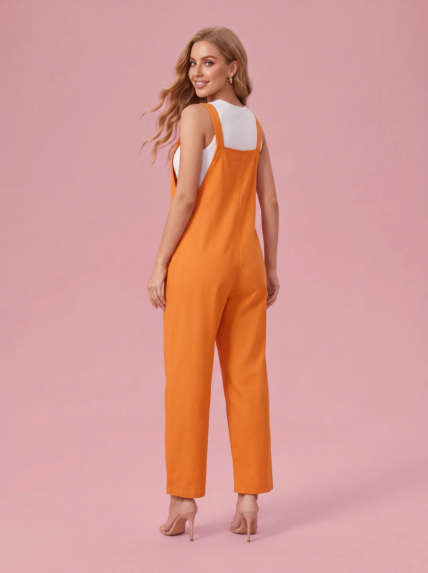 Retro Straight Leg Overalls for Women - Orange - View 2
