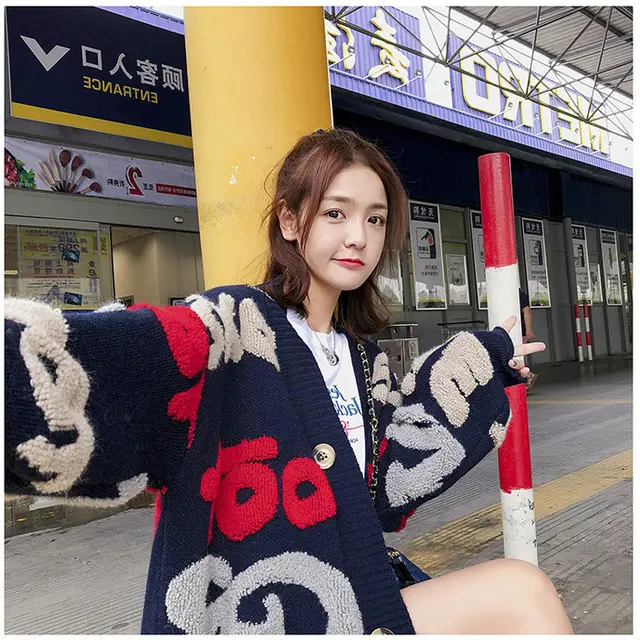 Spring And Autumn New Loose Lazy Style Sweater Coat Women's Mid length Korean Letter Thick knitted Cardigan Tide Navy - Shop at LoveMi