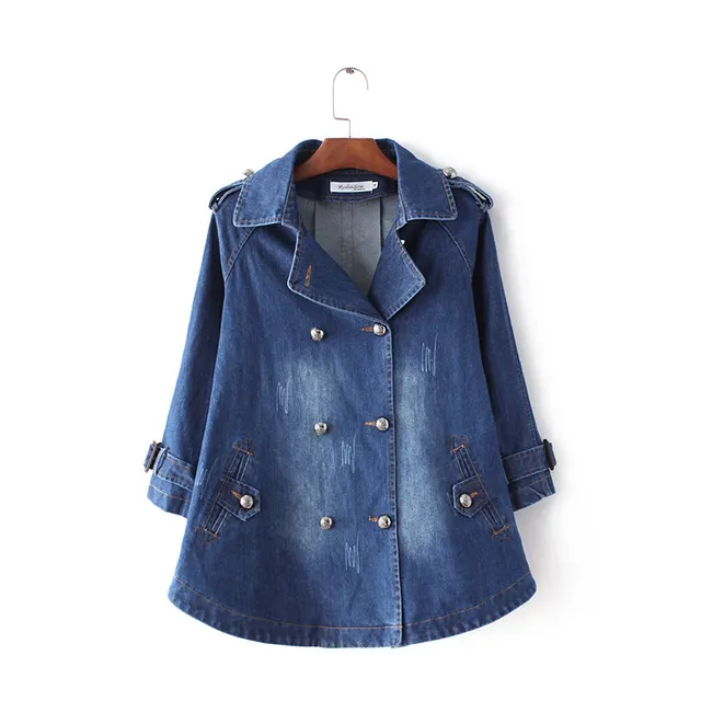 Spring and Autumn New Korean Double breasted Loose Denim Cape Jacket Large Size Suit Collar Women's Windbreaker A line Top Dark Blue - Shop at LoveMi