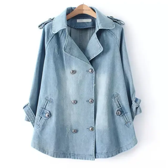 Spring and Autumn New Korean Double breasted Loose Denim Cape Jacket Large Size Suit Collar Women's Windbreaker A line Top Light Blue - Shop at LoveMi