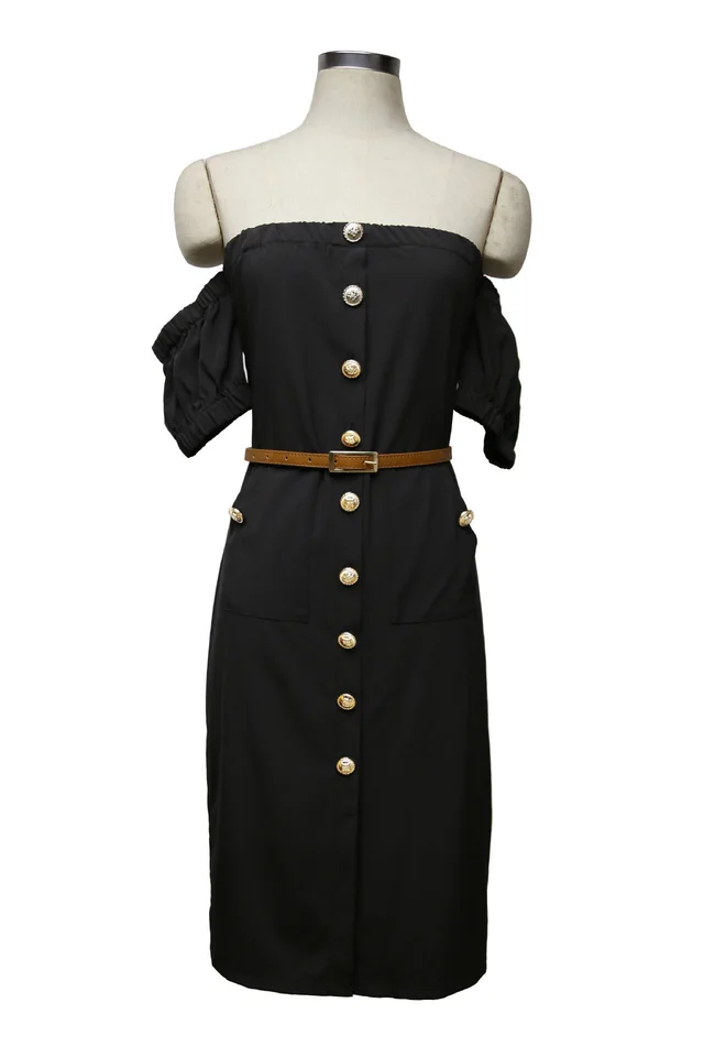 European and American sexy women's dress with one word collar and buttoned pockets short sleeves Black - Shop at LoveMi