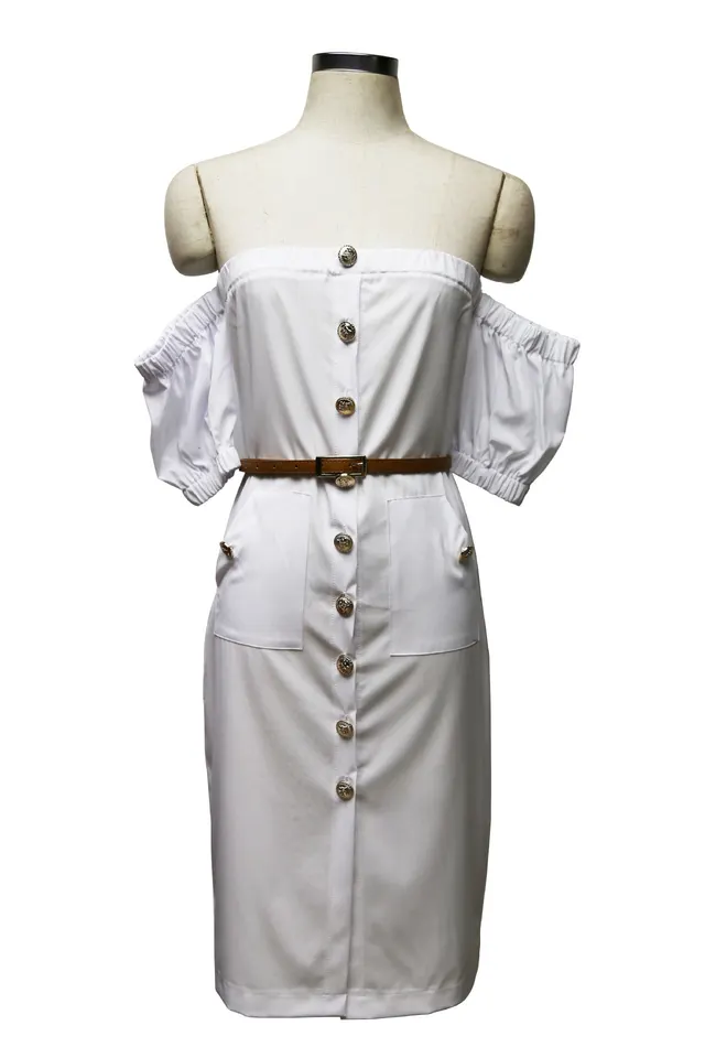 European and American sexy women's dress with one word collar and buttoned pockets short sleeves White - Shop at LoveMi