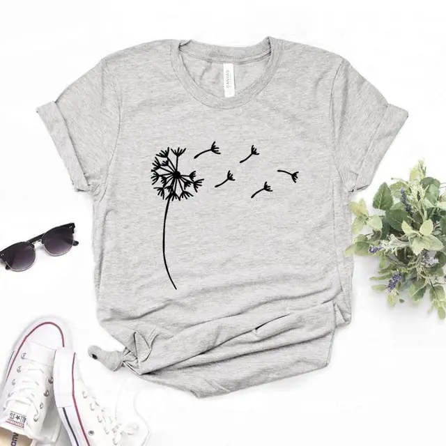 Dandelion Print Short Sleeved T shirt Grey - Shop at LoveMi