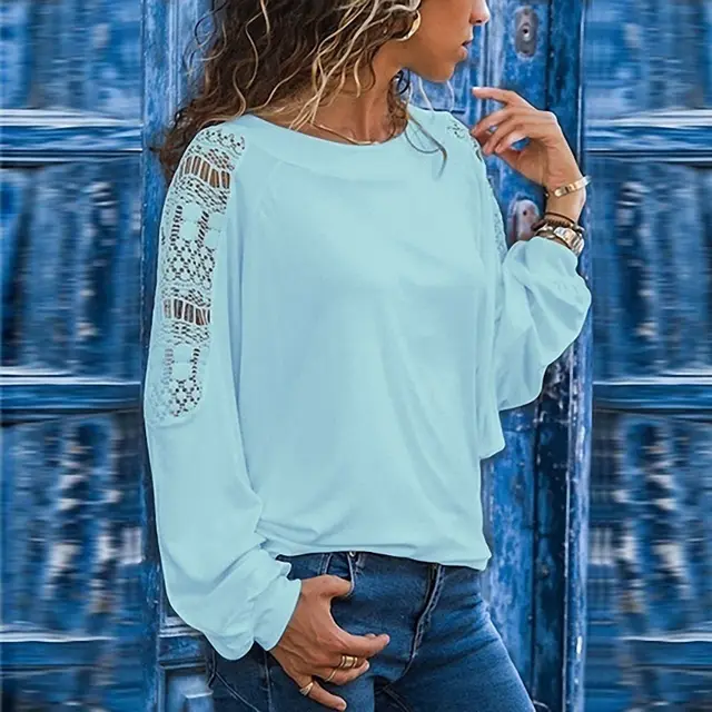 Hollow Long Sleeve Loose Lace T shirt Sky Blue - Shop at LoveMi