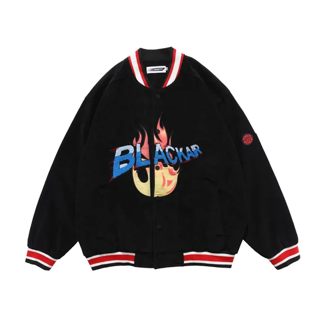 European And American Style High Street Retro Corduroy Jacket Embroidered Jacket Loose Stitching Casual Baseball Uniform Black - Shop at LoveMi