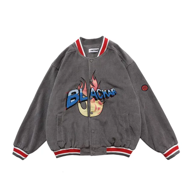European And American Style High Street Retro Corduroy Jacket Embroidered Jacket Loose Stitching Casual Baseball Uniform Grey - Shop at LoveMi