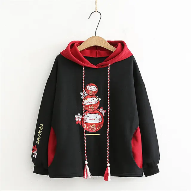 Casual Cartoon Embroidery Plus Velvet Warm Loose Color Matching Hooded Sweater Black - Shop at LoveMi