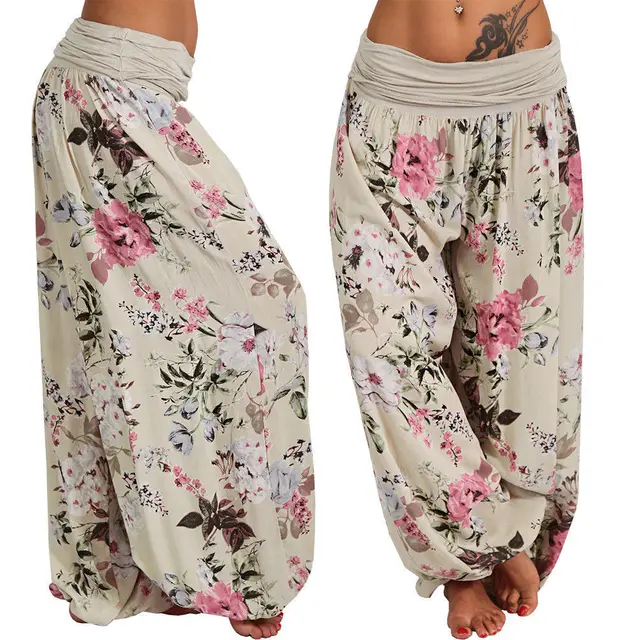 Women Bohemian Floral Print Long Pants Mid Waist Vintage Harem Pants Elastic Waist Boho Beach Trousers Plus Size 5XL Apricot - Shop at LoveMi