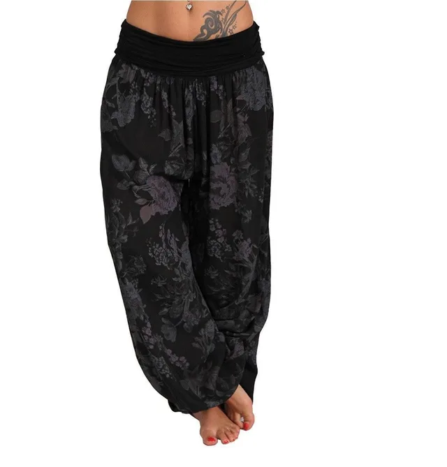 Women Bohemian Floral Print Long Pants Mid Waist Vintage Harem Pants Elastic Waist Boho Beach Trousers Plus Size 5XL Black - Shop at LoveMi