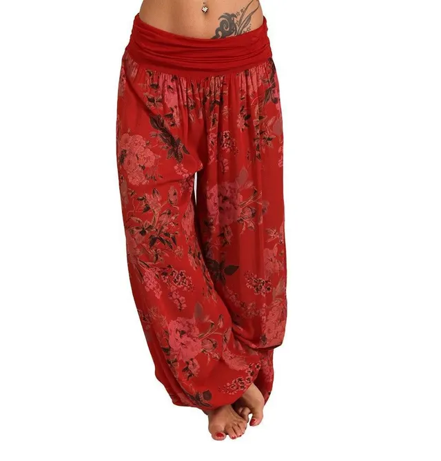 Women Bohemian Floral Print Long Pants Mid Waist Vintage Harem Pants Elastic Waist Boho Beach Trousers Plus Size 5XL Red - Shop at LoveMi