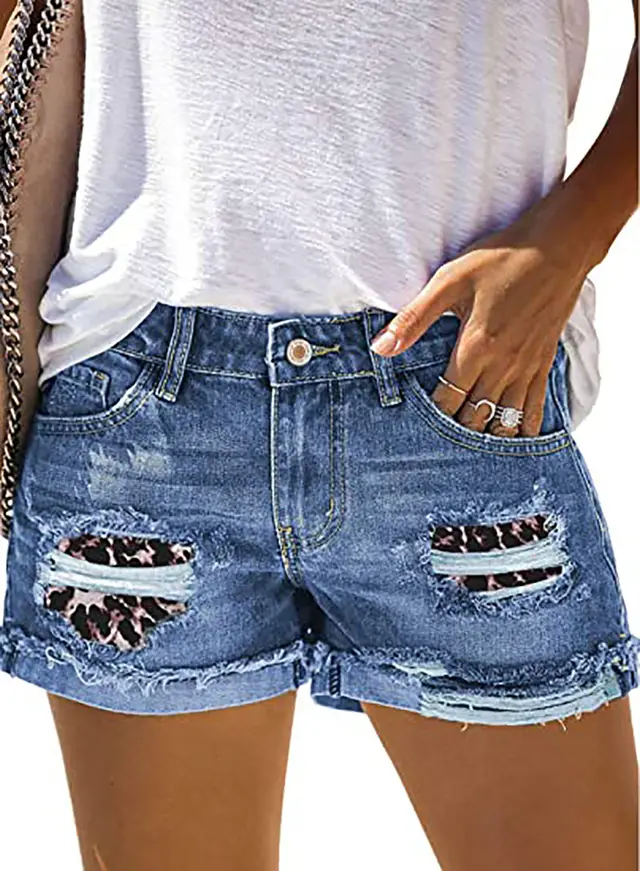 Summer New Style Women's Leopard Print Camouflage Ripped Jeans Shorts Blue Leopard - Shop at LoveMi