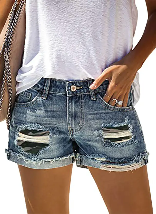 Summer New Style Women's Leopard Print Camouflage Ripped Jeans Shorts Light Blue Camouflage - Shop at LoveMi