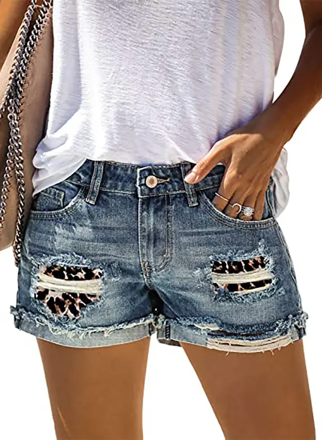 Summer New Style Women's Leopard Print Camouflage Ripped Jeans Shorts Light Blue Leopard - Shop at LoveMi