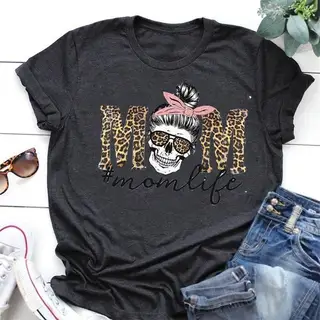 Leopard Print Mom Life Skull Print Short-Sleeved T-Shirt For Men And Women - Black