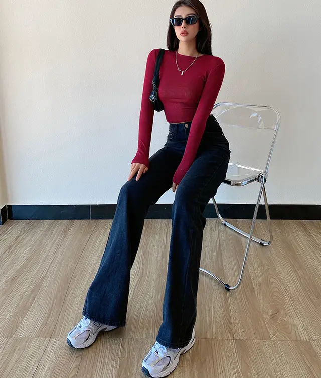 Women's Loose Straight Leg Jeans With Back Slit Drape Black - Shop at LoveMi