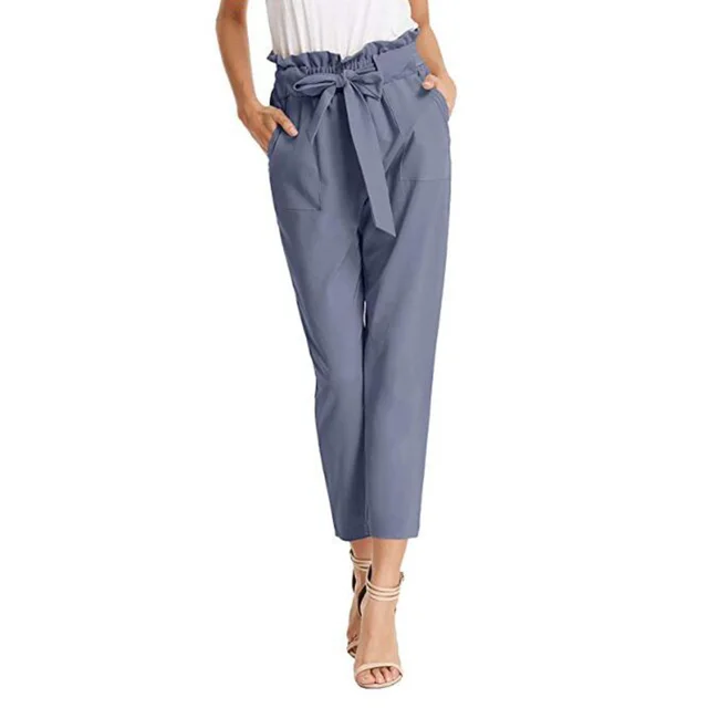 Women'S Fashion Casual Pants Pleated Bandage Cropped Trousers Women Grey Blue - Shop at LoveMi