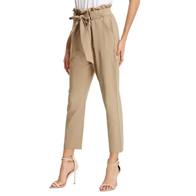 Women'S Fashion Casual Pants Pleated Bandage Cropped Trousers Women Khaki - Shop at LoveMi