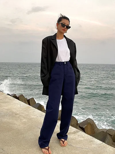 New Dark Blue High Waist Straight Jeans For Spring And Summer Blue - Shop at LoveMi