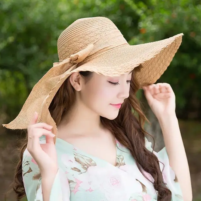 Korean Version Of The Summer Outdoor Beach Bow Sunscreen Sun Hat Solid Color Big Straw Hat Ladies Khaki - Shop at LoveMi