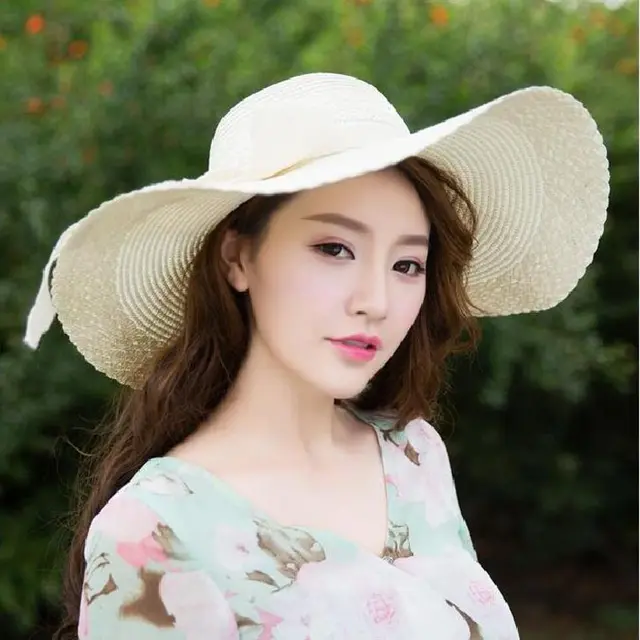 Korean Version Of The Summer Outdoor Beach Bow Sunscreen Sun Hat Solid Color Big Straw Hat Ladies Milk White - Shop at LoveMi