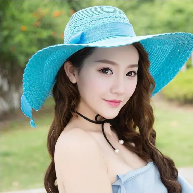 Korean Version Of The Summer Outdoor Beach Bow Sunscreen Sun Hat Solid Color Big Straw Hat Ladies Sky Blue - Shop at LoveMi